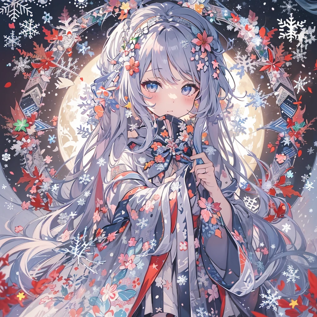 1 Girl、Gothic with Japanese pattern、、(Fractal art of snowflakes surrounding a person:1.5)、(star:1.1) (flower:1.3)、pastel colour、Christmas、Gold Moon、、Gray Hair、universe。Milky Way、Aurora、Red and green light source、Lengthen the sleeves of clothes,、