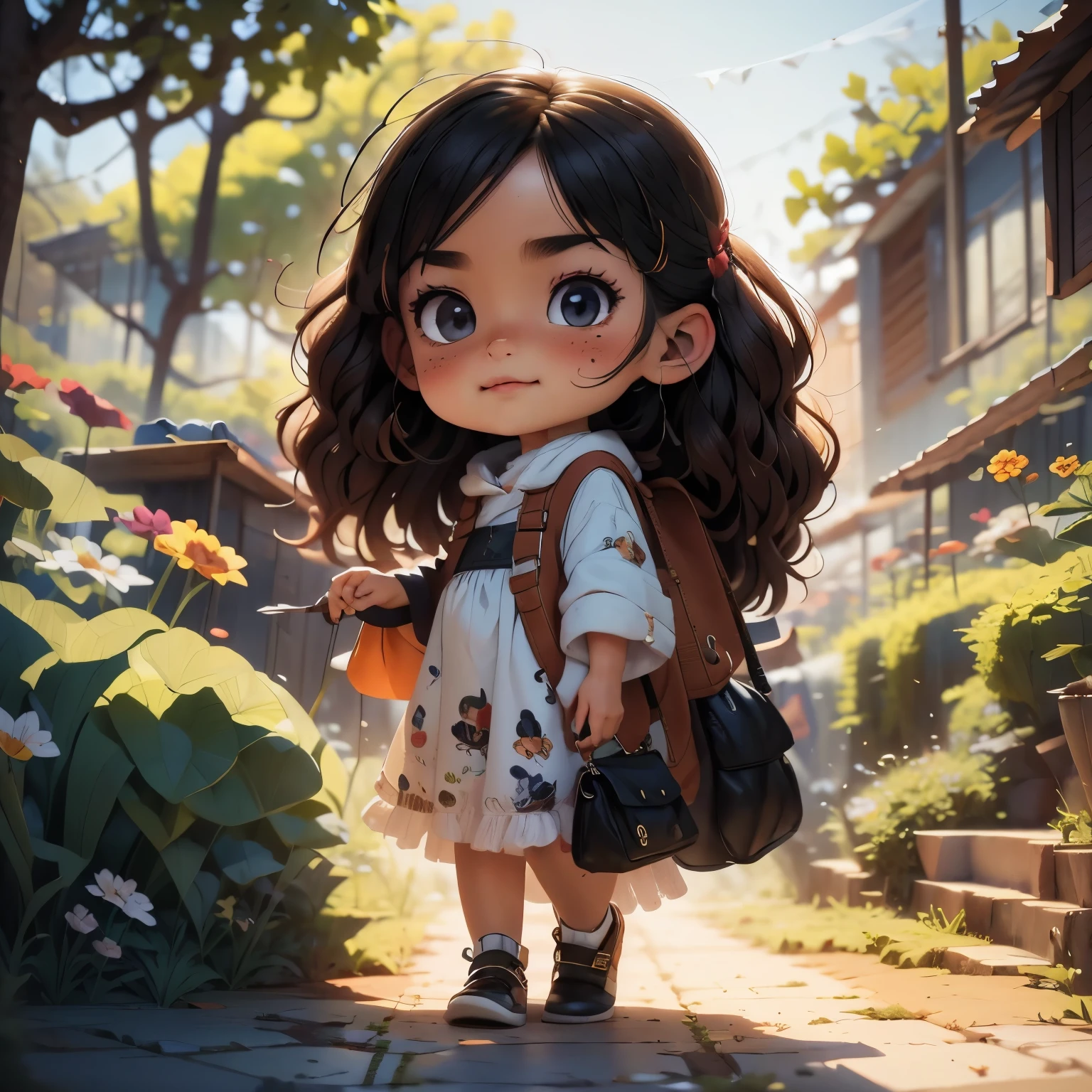 Uma muito charmosa com uma mochila e seu cachorrinho fofo curtindo um lindo passeio de primavera rodeado de lindas flores amarelas e natureza. Derrepente aparece uma cobra naja. The illustration is a high-definition illustration in 4K resolution with highly detailed facial features and cartoon-style visuals.