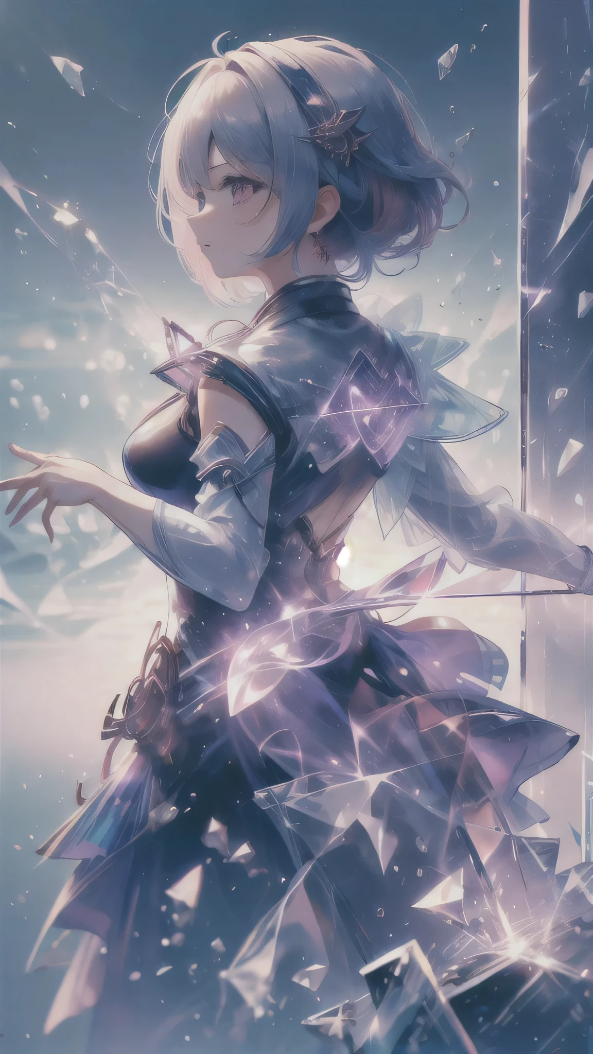 ((masterpiece, best quality)), Epic battlefield atmosphere,Silver Bell Ice Heart,crystal,Maid,Petals falling,A meticulous face,Standing image,Perfect body proportions,Stylish short hair,beautiful eyes,Fantasy style,White background,transparent,Sexy,Lace,Pantyhose
