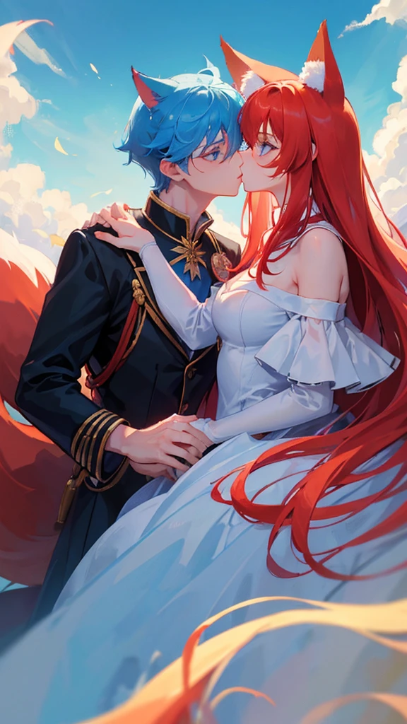 boy and girl, girl with red hair, fox ears, fox tail, and boy with light blue hair, blue eyes, cat ears, royal clothes, sky, kiss pose, 8k resolution 