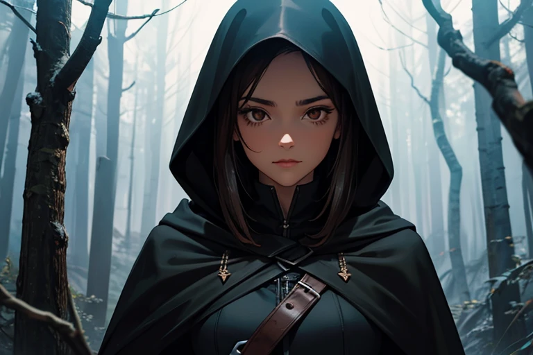 Female, dark brown hair, brown eyes, black cloak, black hood, silver dagger, dark forest