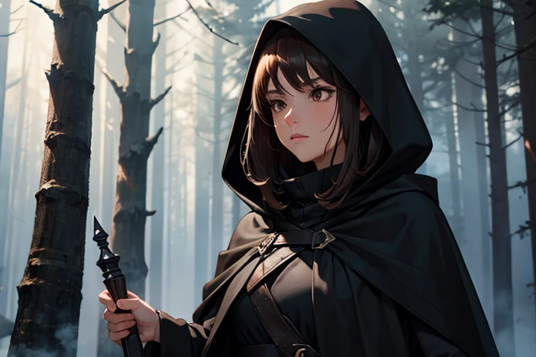 Female, dark brown hair, brown eyes, black cloak, black hood, silver dagger, dark forest