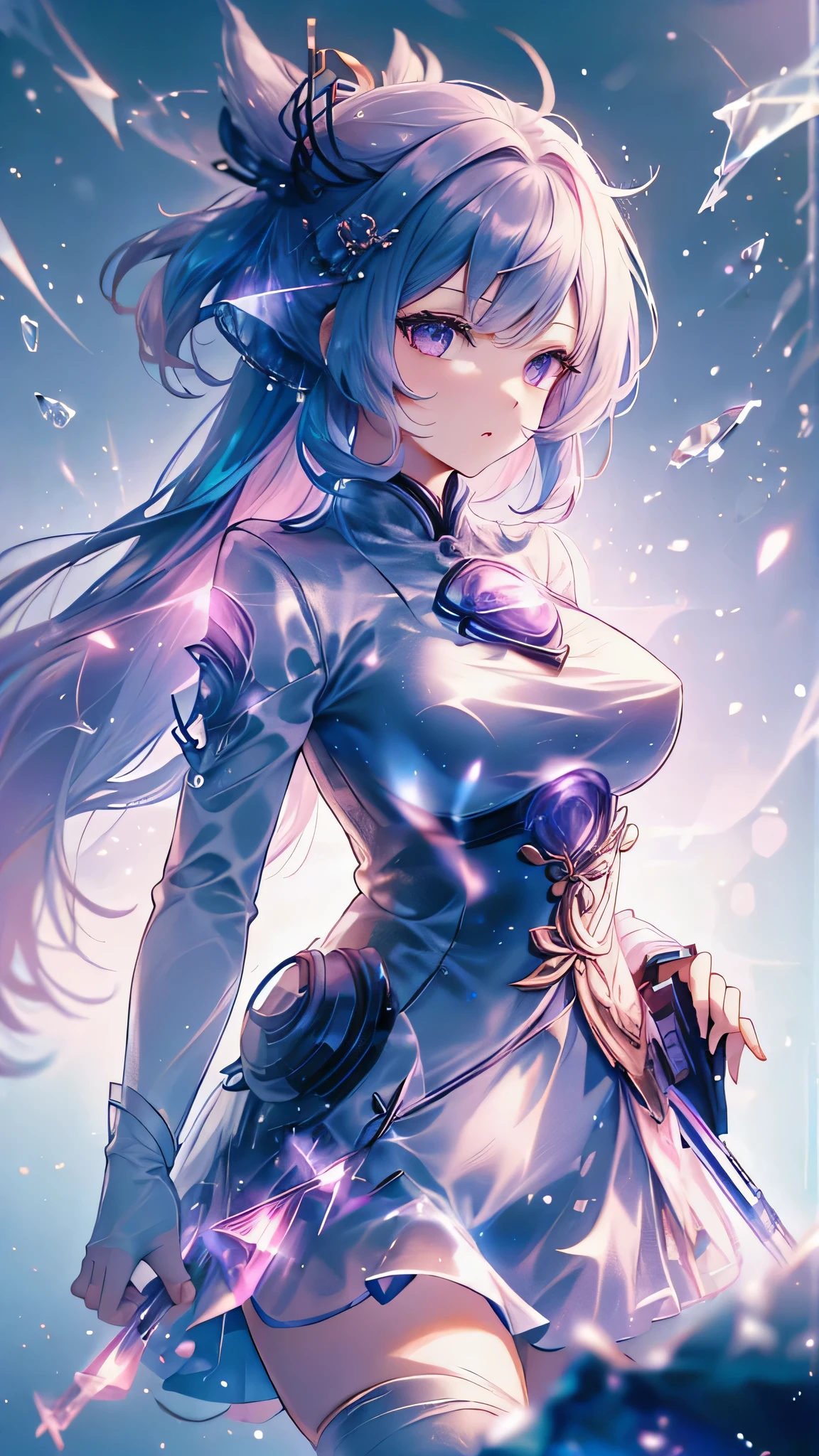 Extreme Detail, perfection, aerial photograph, Like a work of art, Anime girl with ice and snow sword, Her pink hair and long purple skirt complement each other well., Ayaka Genshin gazing into the distance, Leading to the world of Genshin.