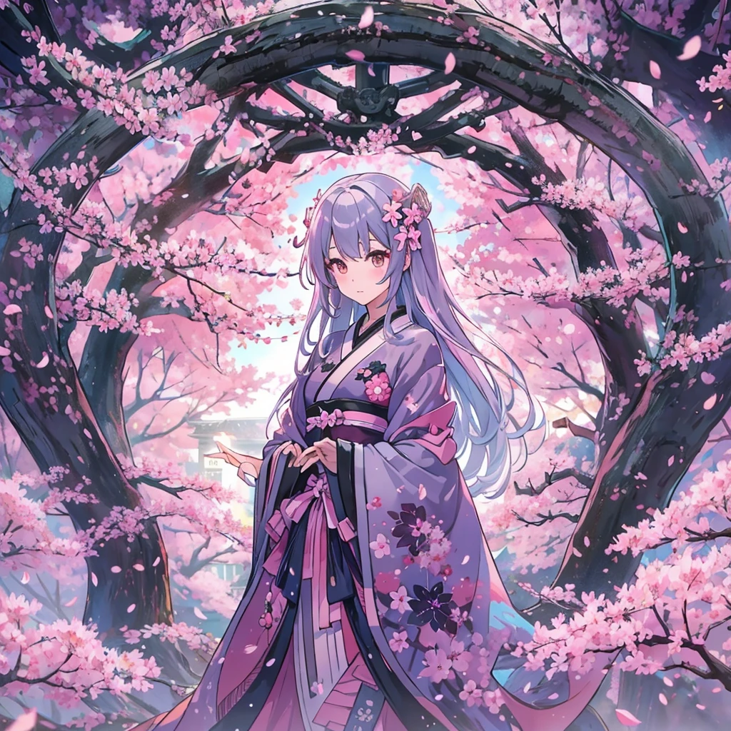 1 Girl,Gothic with Japanese pattern、(Fractal art of cherry blossoms surrounding a figure:1.5)、(star:1.1) (flower:1.3)、pastel colour、Halloween、、The background is an abandoned castle、Purple Full Moon、Gray Hair、universe。Milky Way、Aurora、Pink and orange light source、Lengthen the sleeves of clothes,