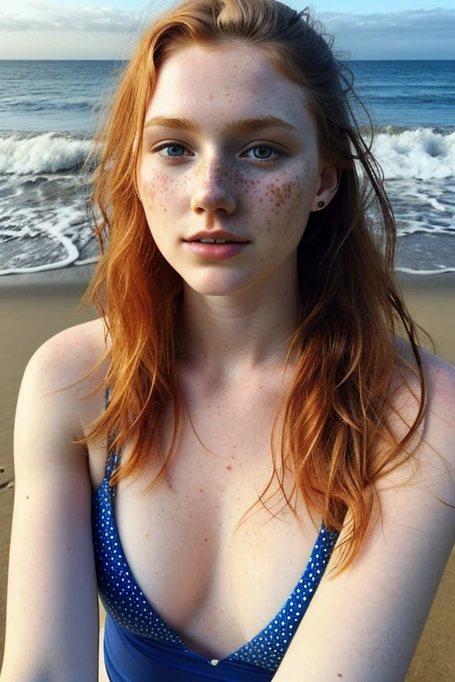 1girl in, age19, beautiful teen, Solo, Aesthetic artwork, irish, wavy ginger hair, shoulder length hair, freckles, pale skin, A-cup, small breasts, runners body, (textured skin, skin pores:1.1), goosebumps, sitting on beach, selfie style shot, sexy bikini, non nude, nsfw