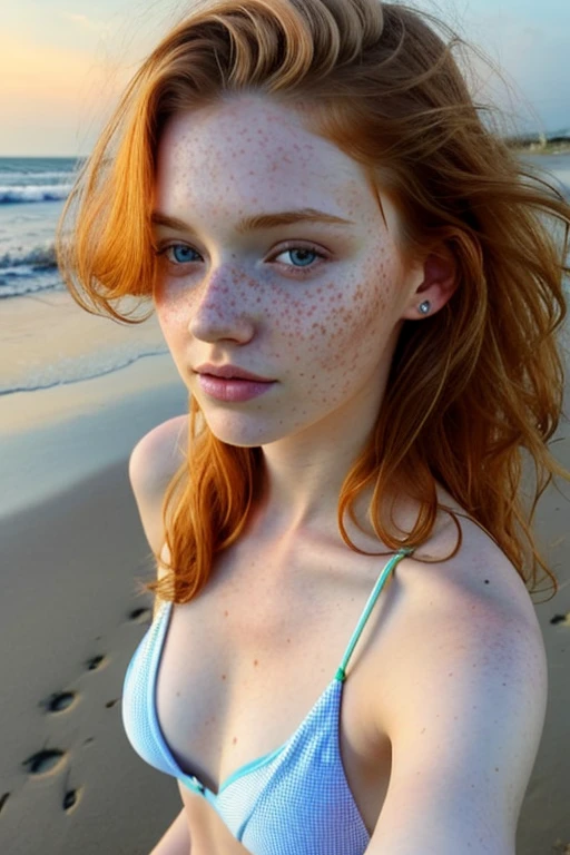 1girl in, age19, beautiful teen, Solo, Aesthetic artwork, irish, wavy ginger hair, shoulder length hair, freckles, pale skin, A-cup, small , runners body, (textured skin, skin pores:1.1), goosebumps, sitting on beach, selfie style shot,  , non , 