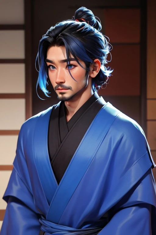 oniNFT, solo, 1 chico, cuernos, enfoque masculino, piel coloreada, ropa japonesa, colored sclera, orejas puntiagudas, piel azul, kimono, parte superior del cuerpo, de un lado, Perfil