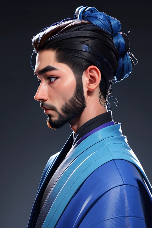 oniNFT, solo, 1 chico, cuernos, enfoque masculino, piel coloreada, ropa japonesa, colored sclera, orejas puntiagudas, piel azul, kimono, parte superior del cuerpo, de un lado, Perfil
