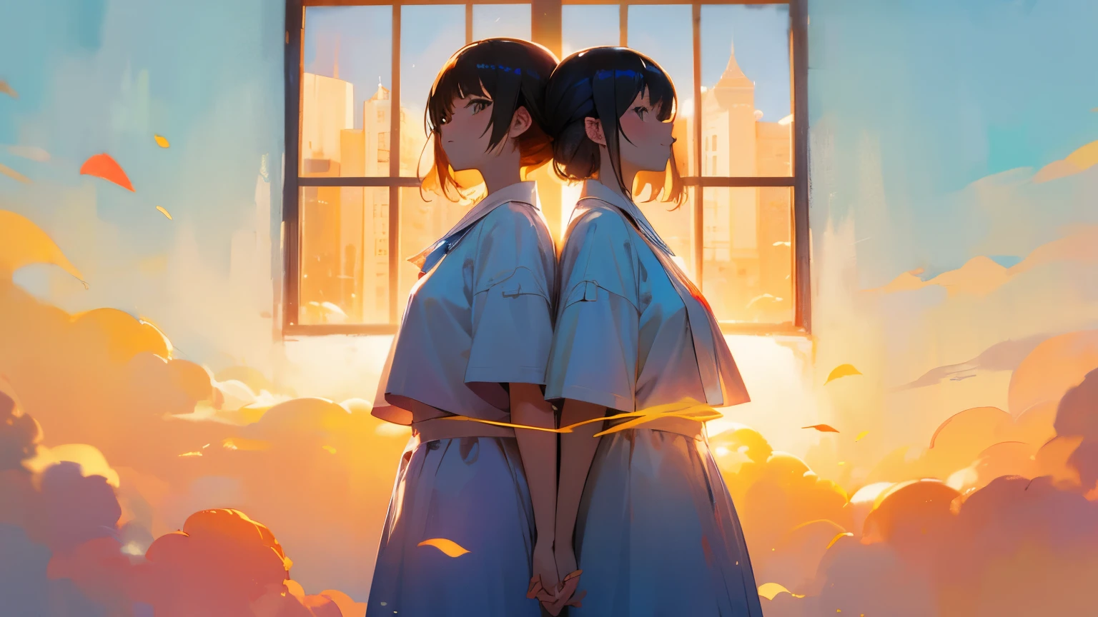 two identical people,twins,The same white top,Half-length photo,talk to yourself,speak to yourself,warmth的氣氛,watercolor painting,Bright,warmth,peaceful,Peaceful,light orange light,window