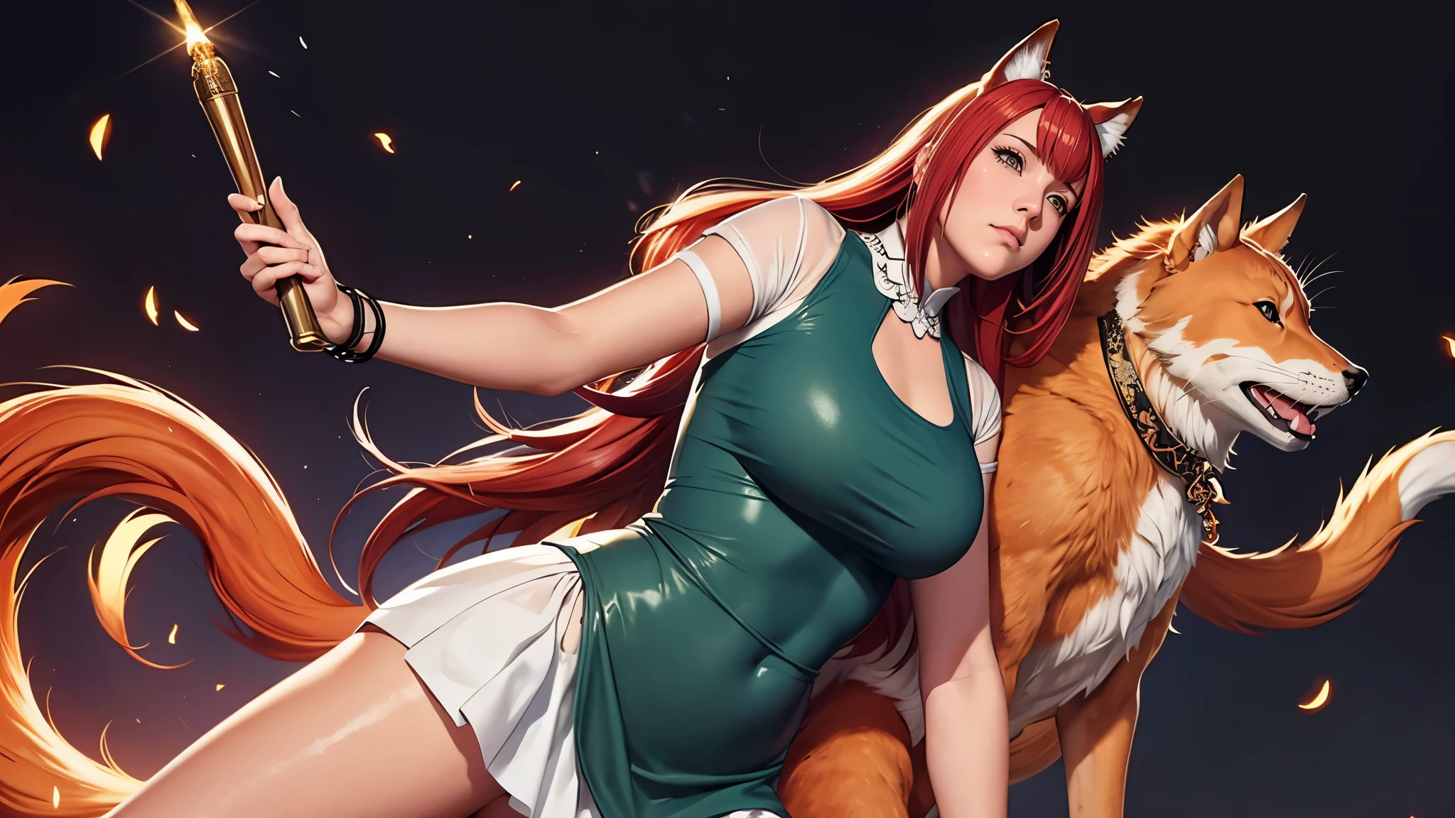 （（（完美figure，figure，（（（A giant fox stands behind a woman，White skin，kurama,Pommeled Horse, abdominal muscles, red eyes, animal ears, body hair, colored sclera, fox ears, fox girl, fox tail, hairy, hairy female, fox, multiple tails, muscular, navel, orange fur, permanent, tail, tone, （（（shirt, dress, short sleeves, apron, bracelet, green apron, collar,））），））），（（（kushina, long hair, hair ornament, red hair, hairclip, (grey eyes:1.5), ））），((masterpiece)),high resolution, ((Best quality at best))，masterpiece，quality，Best quality，（（（ Exquisite facial features，Looking at the audience,There is light in the eyes，(（（Pain, patience, biting lips））)，））），型figure:1.7））），（（（Light and shadow，Huge breasts））），（（（Looking at the camera，black background，after sex, cum, lying, cumdrip, ass, on stomach, on back, fucked silly, sweat, cum pool, bukkake, trembling）））