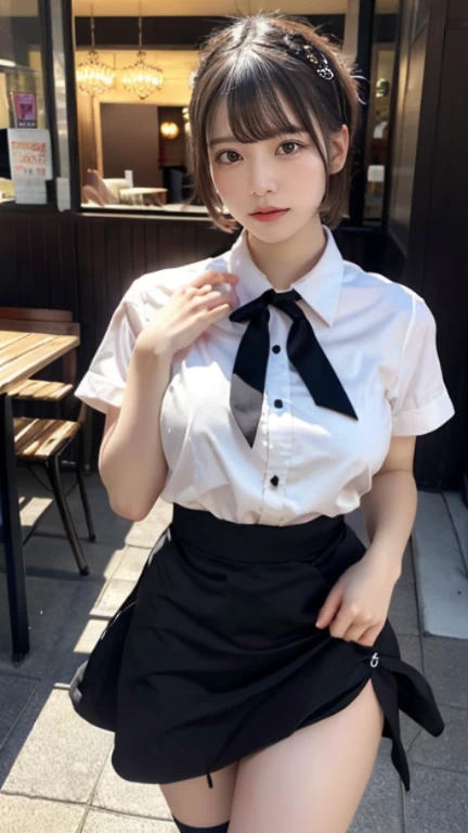 muste piece, best quality, illustration, Super detailed, fine details, High resolution, 8K,wall paper, perfect dynamic composition,(Details High quality, realistic depiction of eyes:1.3), waitress uniform, restaurant, large breasts, short bob hair、black hair color, Big Natural Color Lip, bold sexy pose, crying a little、cold gaze, Harajuku style、20 year old girl、cute type、lolita、beautiful legs, gravure idol, Voluptuous thighs