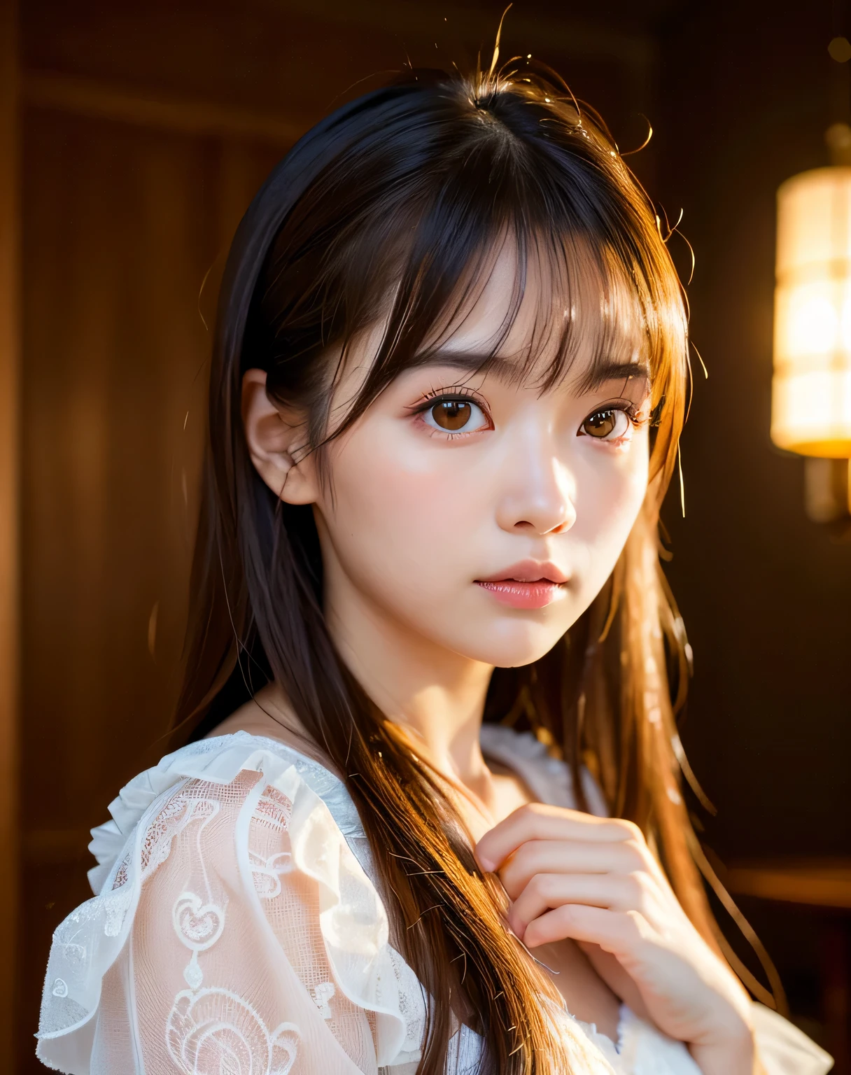 highest quality, face focus, soft light, ultra high resolution, (realistic:1.4), Raw photo,
1 japanese girl, alone, cute, (pupil, light in the eyes),  detailed beautiful face, (),(High resolution details of human skin texture),
(long hair),
indoor,
damask shirt dress,
(portrait)