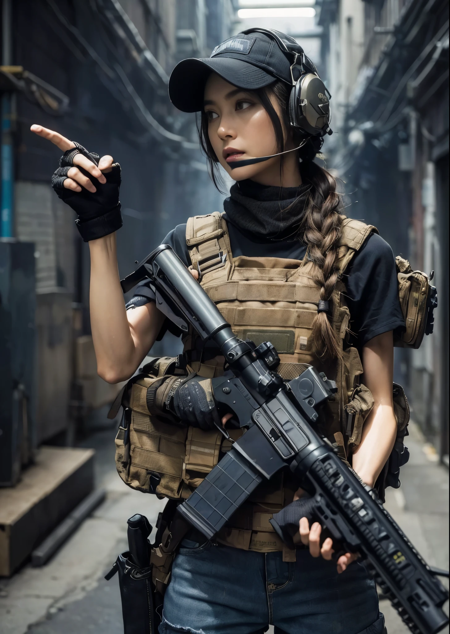 (best quality,realistic,highres:1.2),ultra-detailed,Japanese American Navy SEAL,automatic rifle,assault team,mission start,alert,American alleyway,by the door,displaying,cap,very short hair,military pants,boots,tattoos,black t-shirt,bulletproof vest,toned body,interesting composition,dynamic pose,transport vehicle parked nearby.