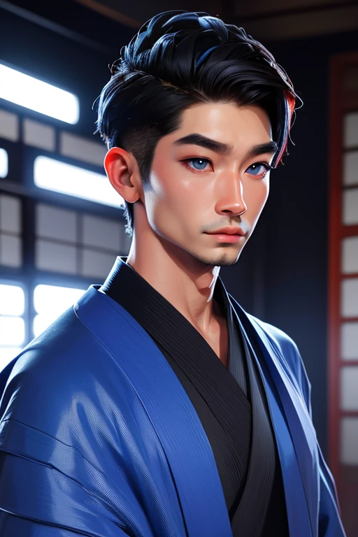 oniNFT, solo, 1 chico, cuernos, enfoque masculino, piel coloreada, ropa japonesa, colored sclera, orejas puntiagudas, piel azul, kimono, parte superior del cuerpo, de un lado, Perfil