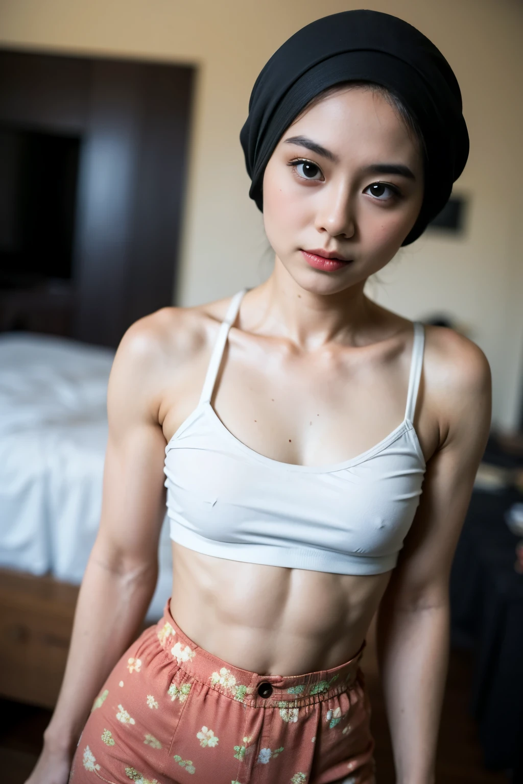 see-through T-shirt, Bodybuilder Naked, (((HIJAB MALAY GIRL))), masutepiece, High quality, UHD 32K, Realistic face, Realistic skin feeling , A Japanese Lady, 8 , , Very cute and baby-like face, (((FLAT CHEST))), (MATRIX WORLD), ((look In front at the camera and SADNESS)), ((())), (((CUTE GIRL))), ((RED LIPS)), ((Floral Pattern)) little Bodybuilder, (BLACK T-SHIRT)