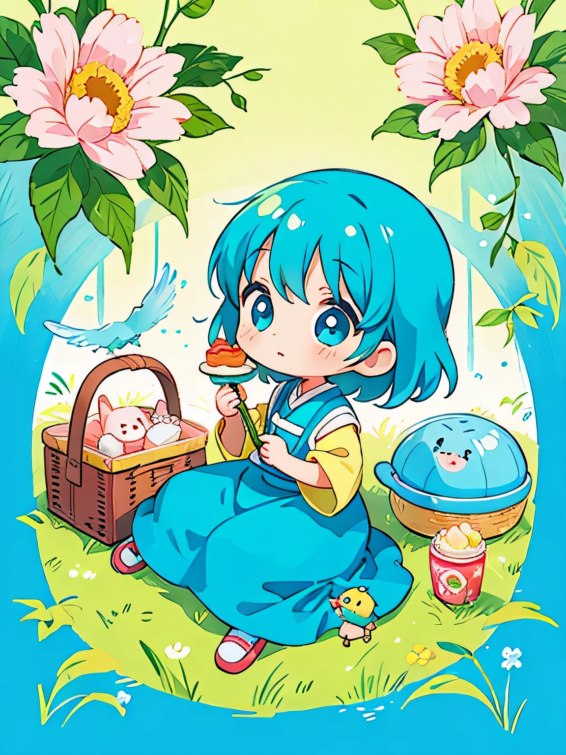 Fujio Akatsuka Style, Kawaii Design, most beautiful girl ever、Chibi, birdie、picnic