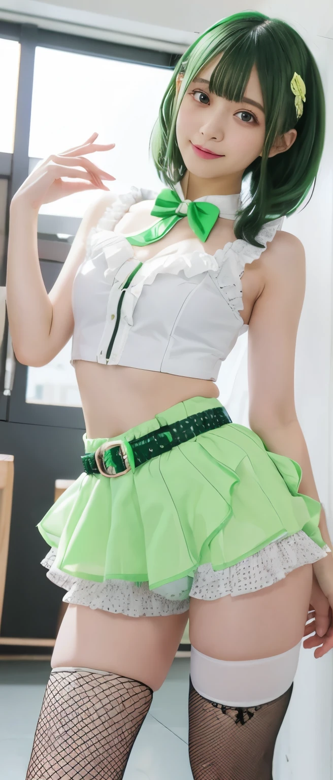romantic idol girl、whole body、Good style、、、、White and fluorescent green tight shorts costume、、Fishnet tights、、 colorful hair、Gorgeous belt