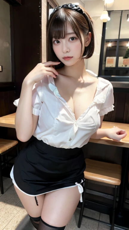 (dynamic angle:1.3, front view:1.1, breast focus:1.3, from above:1.1), (dynamic posing:1.2, sexy posing:1.2), (seductive smiling:1.3), ((looking at cake,Taking a cake out of the golden oven, worried about the outcome:1.2)),highest quality、(real、photorealistic:1.4),(ultra high resolution, 8K RAW photo, clear focus), best qualtiy, natural lighting, field depth, (Bright pupils, detailed beautiful eyes, high detailed face), Red lip, (tight focus:1.2), a girl 22yo old, Wearing a pastry chef uniform:1.3 , Thicc, thin breast, long hair, blue eyes,garter stocking, cleavage:1.2, midriff, black shorts, black thighhighs, thigh strap, pretty girl, (highly detailed beautiful face and eyes,firm breasts),real skin,((black,hair,long pony tail hair)),thin pubic hair,cute,lovely, detailed eyes,(double breasted:1.0,under bust:1.0),(with sparkling eyes and a contagious smile),open mouth, Looking at Viewer,A scene of cooking in the kitchen,looking at the golden oven
