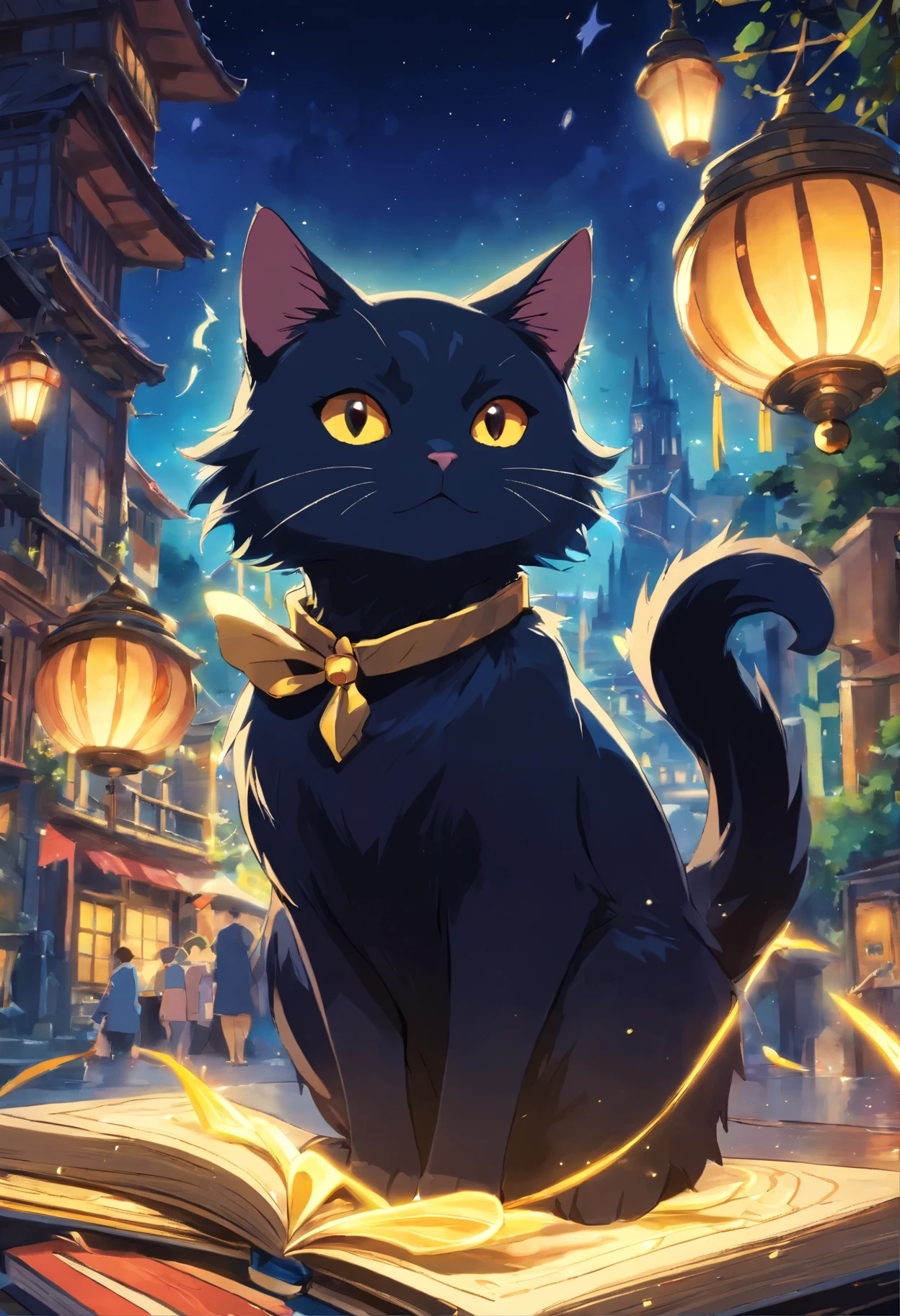 ((Floating magician Black Cat:1.4)), (animal), Black tie, Floating magic book, Dressed up as a magician, Dark background, The body of a cat, Exposing fur, bright pupils, smug, yellow eyes, outside border, outside border, chiaroscuro, Surrealism, Gothic art, UHD, UHD, high details, high quality, best quality, 8k
