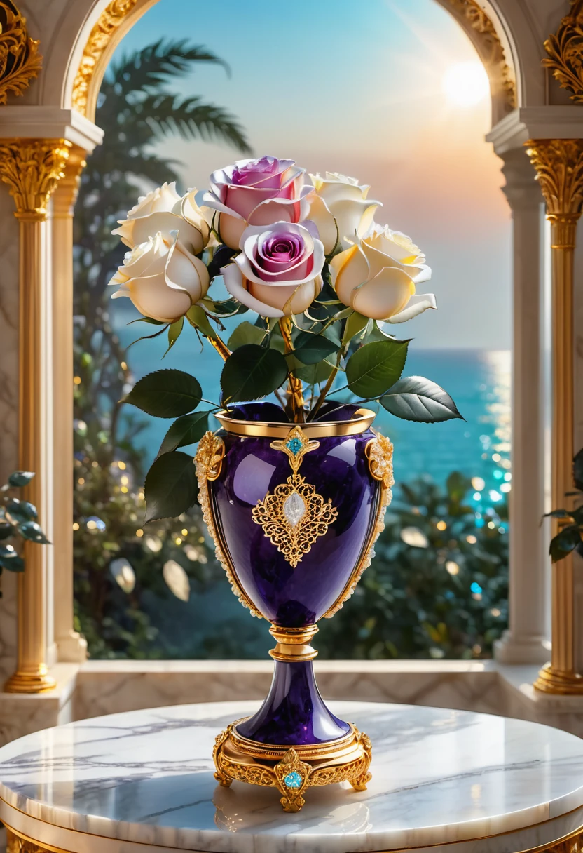 Masterpiece，highest quality，there are 12 white roses in a marble and jewel studded gold vase, Beautiful ring, Sparkling gemstones, Ultra detailed，(No Man),Ring in the shape of a rose，starry sky，Wrapped around the end from beginning to end，Delicate gold ring，Starry sky in the ring, The sheen，inverted image，Sparkling gemstones，Elegant and noble,simple background, (masterpiece, best quality:1.2), sun on a pedestal. in keywest at sunset, on a beach, oranges on a white marble table, mist in background, 8k, photography style,a clear glass jewel studded vase with orange bioluminescent fluid in them, on a white marble table, jewels of red rubies and emeralds on the table, deep purple velvet drapes, bioluminescent, colorfull, glow, fluid, glowing, Appetizing, professional, culinary, high-resolution, commercial, highly detailed,neon hue, full of color, there are 12 white roses in a marble and gold vase, sun lite background, radiant sunlight, 8k