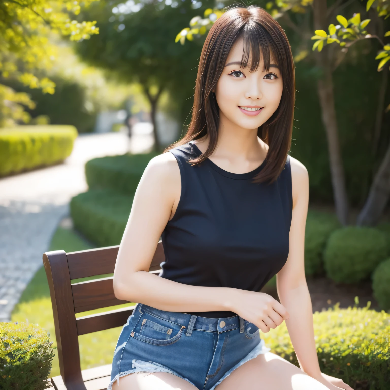 In 8K,highest quality:1.4, 超A high resolution:1.5, (Realistic:1.4),masterpiece:1.2,(highest quality:1.4)、 RAW Photos、 (From the knee up:1.6, From the side:0.7), (The background is blurred), garden,full body shot:1.4、 1 Japanese girl, cute, (alone), (A shy smile), Smooth skin、Ｔshirt、Denim shorts、 (Brown medium hair,bangs), (Touching your hair:1.4)、Nogizaka、cute、Flexible fingertips,Beautiful dark eyes、Natural skin texture:1.3, Realistic eye and face details:1.7、Mid-breasted、Sculpture Pose：1.1、Tight ass、Staring at the audience,Sit on a bench