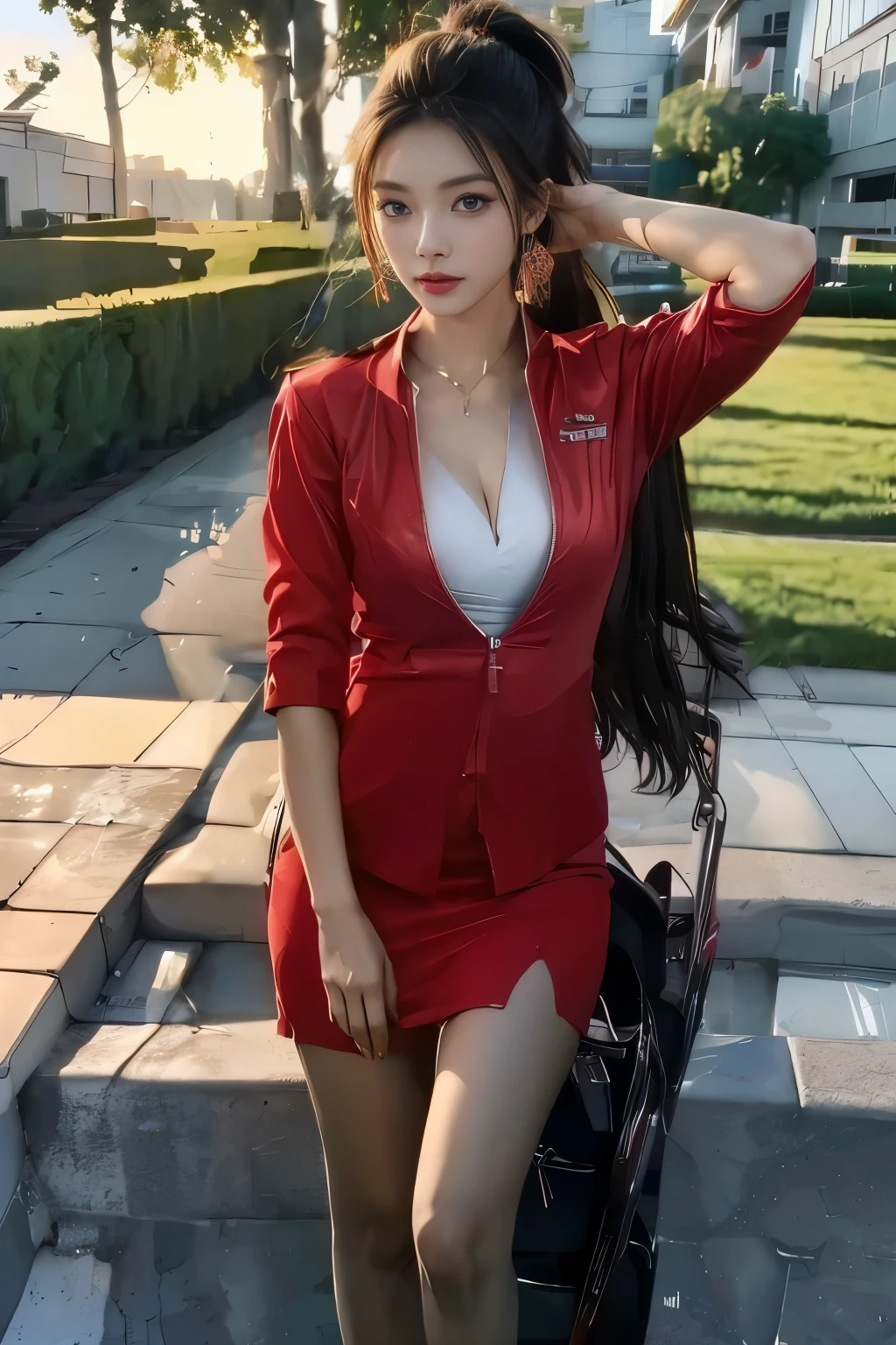 Earrings、Young Asian Woman、blue eyes、Captivating look、Ponytail Hair、Red rubber band