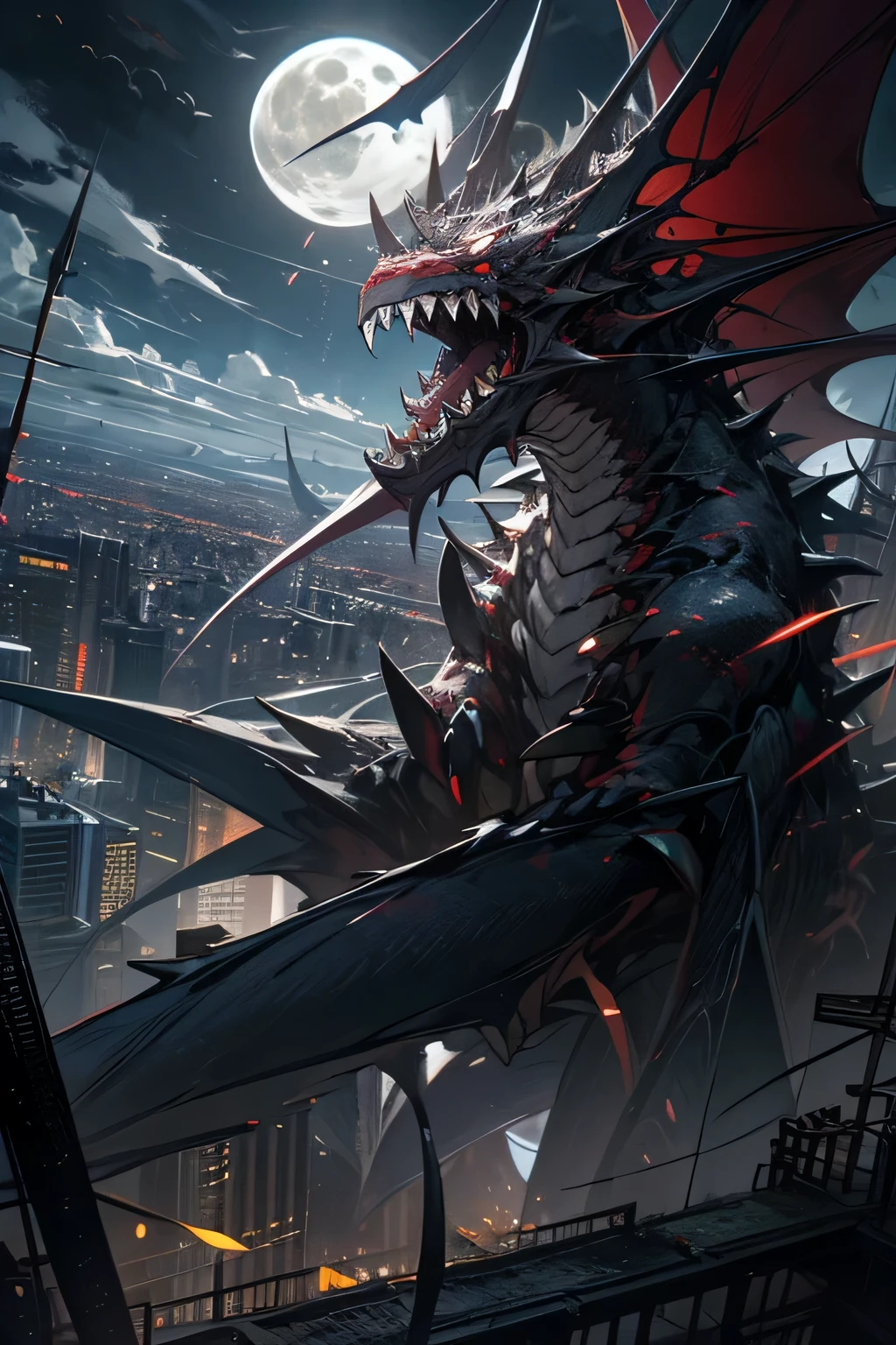 open mouth, red eyes, tail, outdoors, machine wings, horns, night sky, teeth, moonlight, magic circle, no humans, sharp teeth, collapsed building, spikes, city, machine dragon, scales, flying, gigantic weapon,