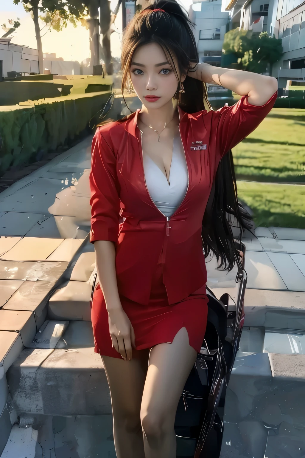 Earrings、Young Asian Woman、blue eyes、Captivating look、Ponytail Hair、Red rubber band