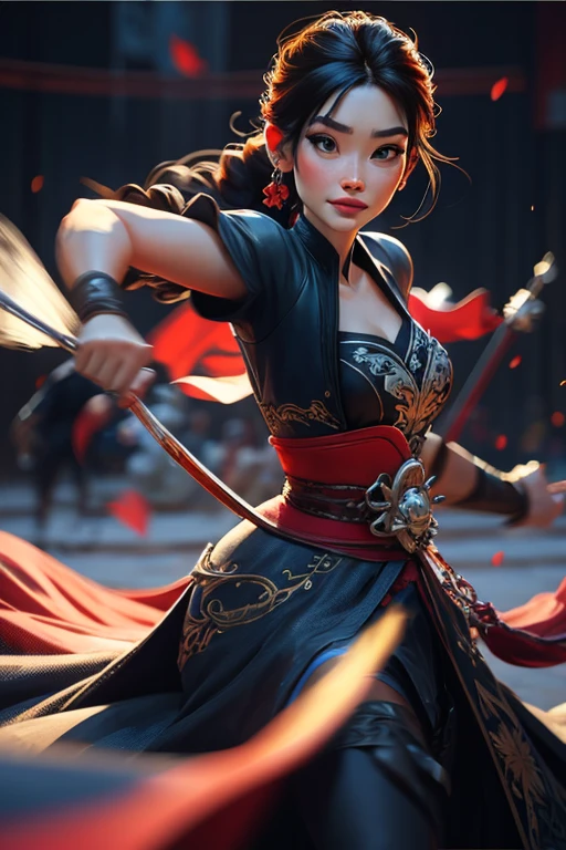 Elsa-Mulan Fusion, Fusionando modelos, derritiendo, Ropa Mulan, 1 chica, hermoso, personaje, mujer, femenino, (parte maestra:1.2), (mejor calidad:1.2), (solo:1.2), ((pose de pelea)), ((campo de batalla)), cinematographic, ojos perfectos, piel perfecta, Perfect lighting, smile, luz, cor, piel texturizada, detalle, Belleza, preguntarse, ultra detallado, cara perfecta