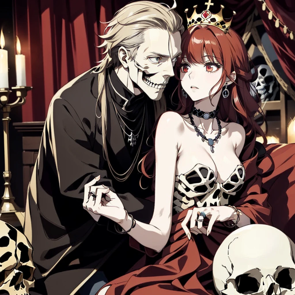 ((highest quality)), ((masterpiece)), (be familiar with), Perfect Face、The Enchanting Body of Celica（FE）、Red hair、The perfect proportions、semi-long、necklace、Bangles、Caster wheel、Luxury Accessories、first round、Fallen into evil、Skeleton Fall、Blank look、Skull engagement ring、empty eyes、Eyes with lost highlights、Lifeless Eyes、Expression in love、Dark Room、Red magic circle on the floor、大量のSkeleton Candelabraと蝋燭、darkness、A large number of skull objects、Big magic circle on the floor、Skeleton Candelabra、Luxury Jewelry、Skeleton Crown、Large skull pendant、Bone ornaments、Skull Accessories、Temple of the Skeletons、Skeleton Crown、The 70-year-old Skull King is a man、A ton of skeletons、pregnancy、Last month of 、全naked、naked、Becoming a bony body、７０The 20-year-old Skull King is my husband、７０Become the wife of the 20-year-old Skull King、７０A friendly pairing with the aged Skull King、７０Cuddling with the old man Skull King、７０Old man Skull King is a skeleton、Black bed with luxurious bone decor、Wear a skeleton on your head、incorporated into bones、Bed In、Making love in bed with 70-year-old Skull King、７０Being petted by the old man Skull King、Embracing and deep kissing 70-year-old man Skull King、７０Old man Skull King fondles her  and touches her  while deep kissing her、I love the 70 year old man Skull King、70-year-old man hugs Skull King、Take off your clothes、Everything except the face becomes a skeleton、Bedroom、全naked、female１peopleと男１people
