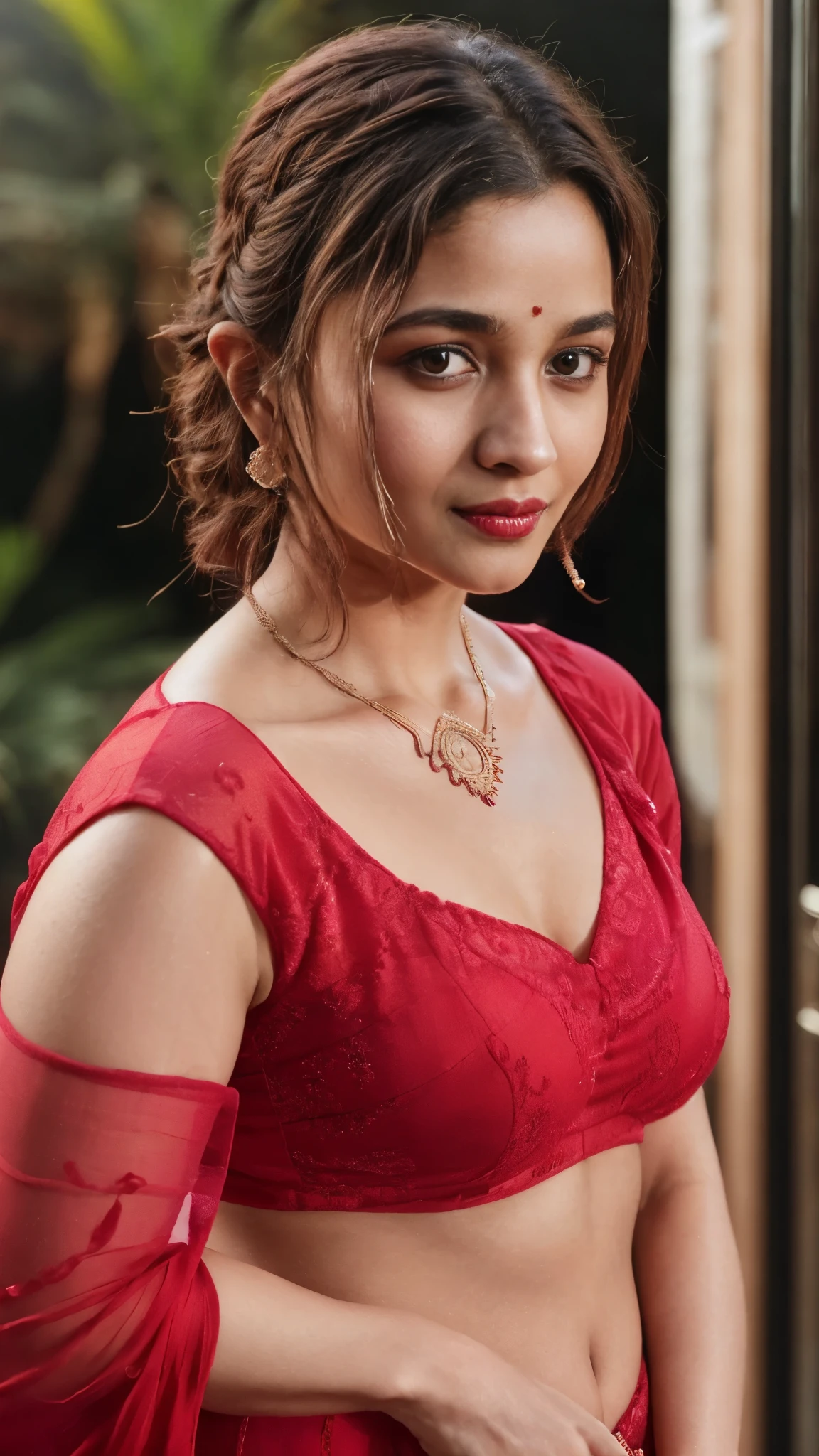 night scene, extreme close up photo of sexy wife albh, curvy, hourglass figure, swooping breasts, standing in temple in ugadi celebrations, French braid hair, necklace, red saree, sultry, seductive eyes, red lips, look at viewer and smile, (cinematic:1.3), intricate details, (ArtStation:1.2)