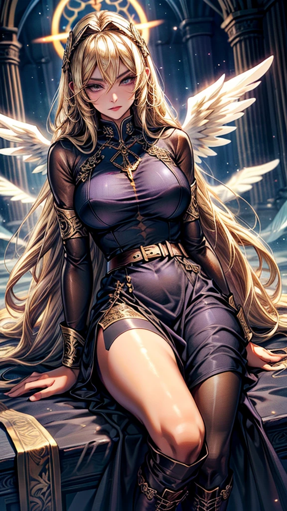 Best quality, 8K,glorious angel, female, beautiful and detailed face, blonde curly long hair,big eyelashes,big angel´s wings,LOOKING TO observer,dark purple dress embroided with gold details,bodystocking,armlets,black belt,over the knee boots,iluminate cathedral scenario, DYNAMIC ANGLE