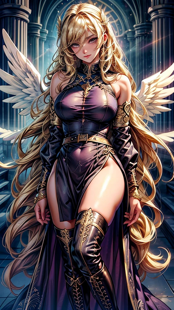 Best quality, 8K,glorious angel, female, beautiful and detailed face, blonde curly long hair,big eyelashes,big angel´s wings,LOOKING TO observer,dark purple dress embroided with gold details,bodystocking,armlets,black belt,over the knee boots,iluminate cathedral scenario, DYNAMIC ANGLE