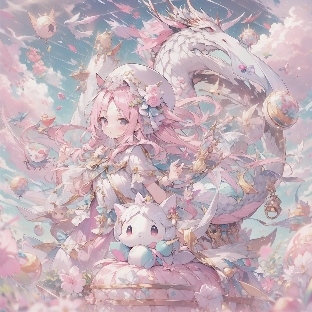 pastel colour、Pink and White Candy House、Chibi sitting astride on a dragon、dancing in the sky、