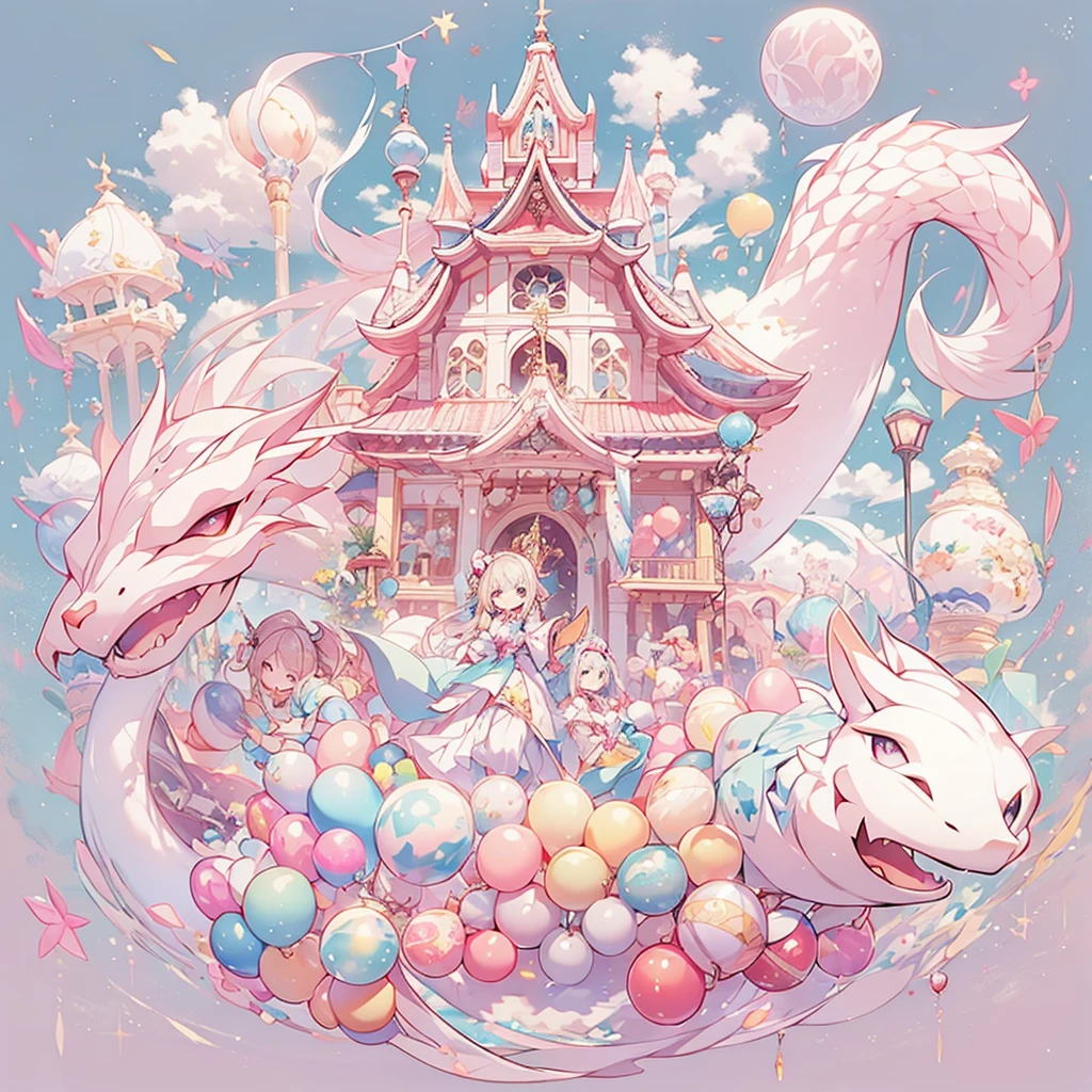 pastel colour、Pink and White Candy House、Chibi sitting astride on a  dragon、dancing in the sky、