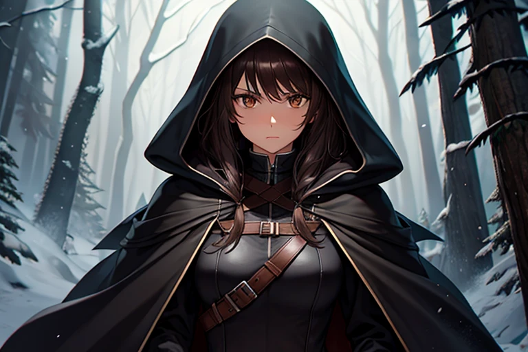 Female, dark brown hair, brown eyes, black cloak, black hood, silver dagger, dark forest