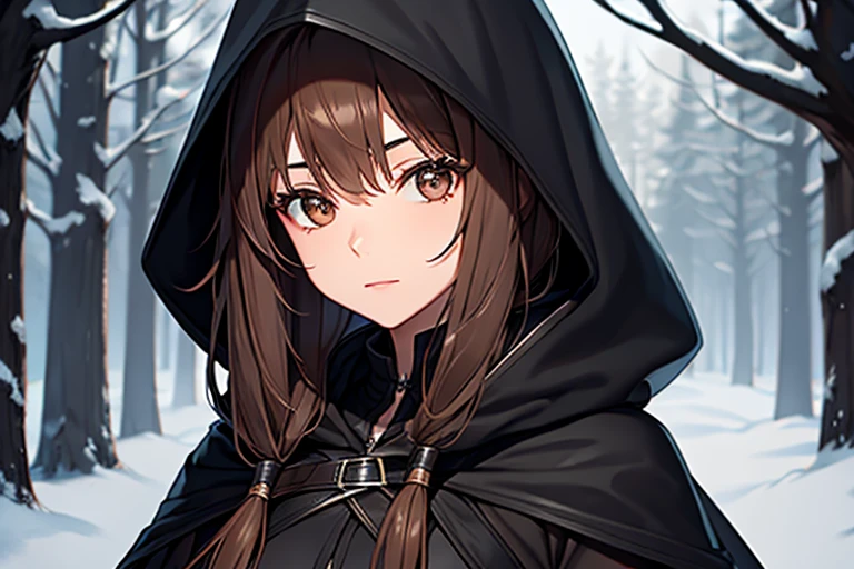 Female, dark brown hair, brown eyes, black cloak, black hood, silver dagger, dark forest