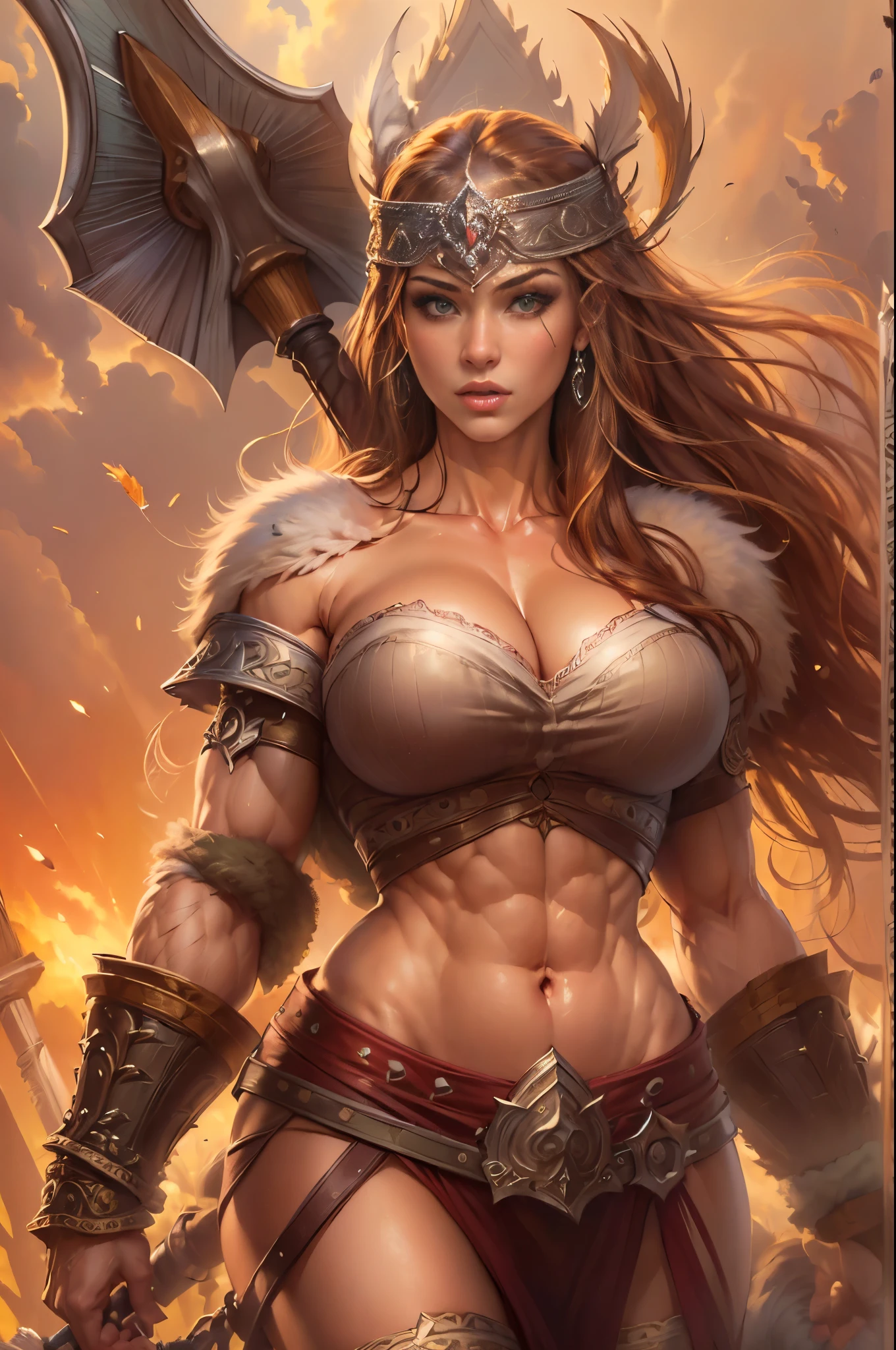 (Masterpiece, ultra detailed: 2), (best quality: 2), (beautiful woman: 2), (beautiful face: 2), viking warrior woman, big muscles, very big chest, very sexy, big naked breasts, erect nipples, Pubic hair, battle ax in hand, full length 