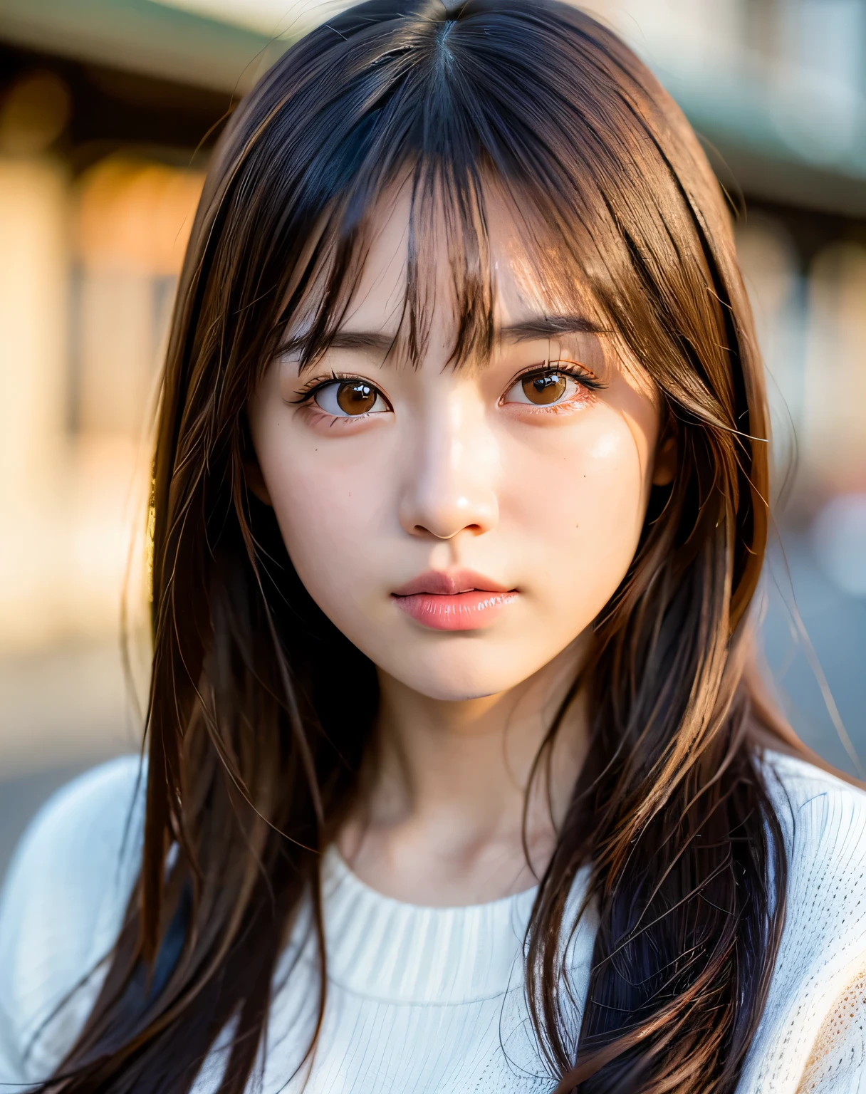 highest quality, face focus, soft light, ultra high resolution, (realistic:1.4), Raw photo,
1 japanese girl, alone, cute, (pupil, light in the eyes), detailed beautiful face, (),(High resolution details of human skin texture),
(long hair),
outside, Tokyo,
White damask sweater, Open ,
(portrait)