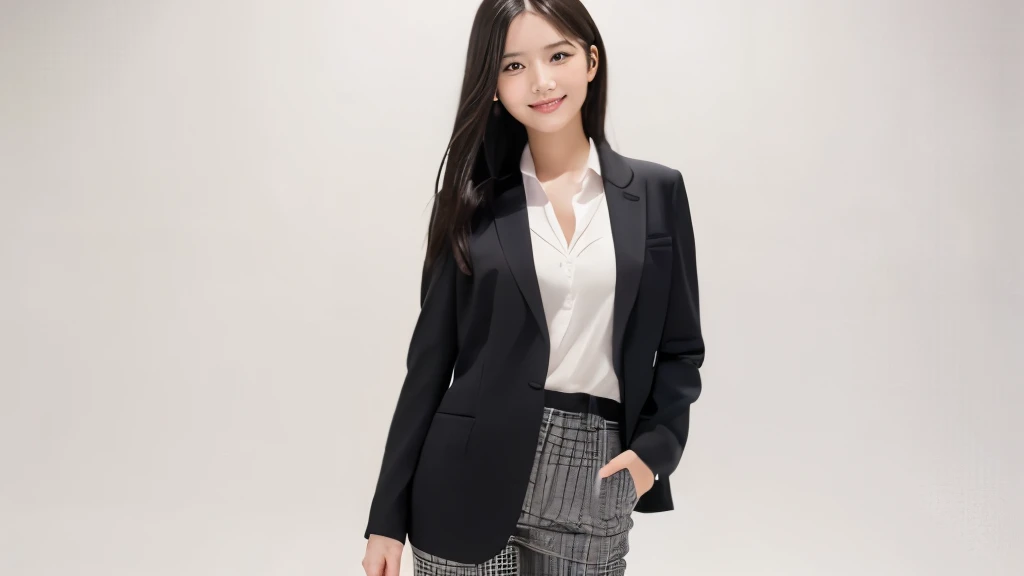 (Realistic: 1.4), (highest quality: 1.4), Ultra-high resolution, (Fine grain),Full body shot,((White background)),((Have a smartphone)),((1. Female university student)),Black Hair,((suit)),Wide eyes,Blushed face,smile,Highly detailed face and skin texture, Healthy Skin,(Outdoor),8k resolution