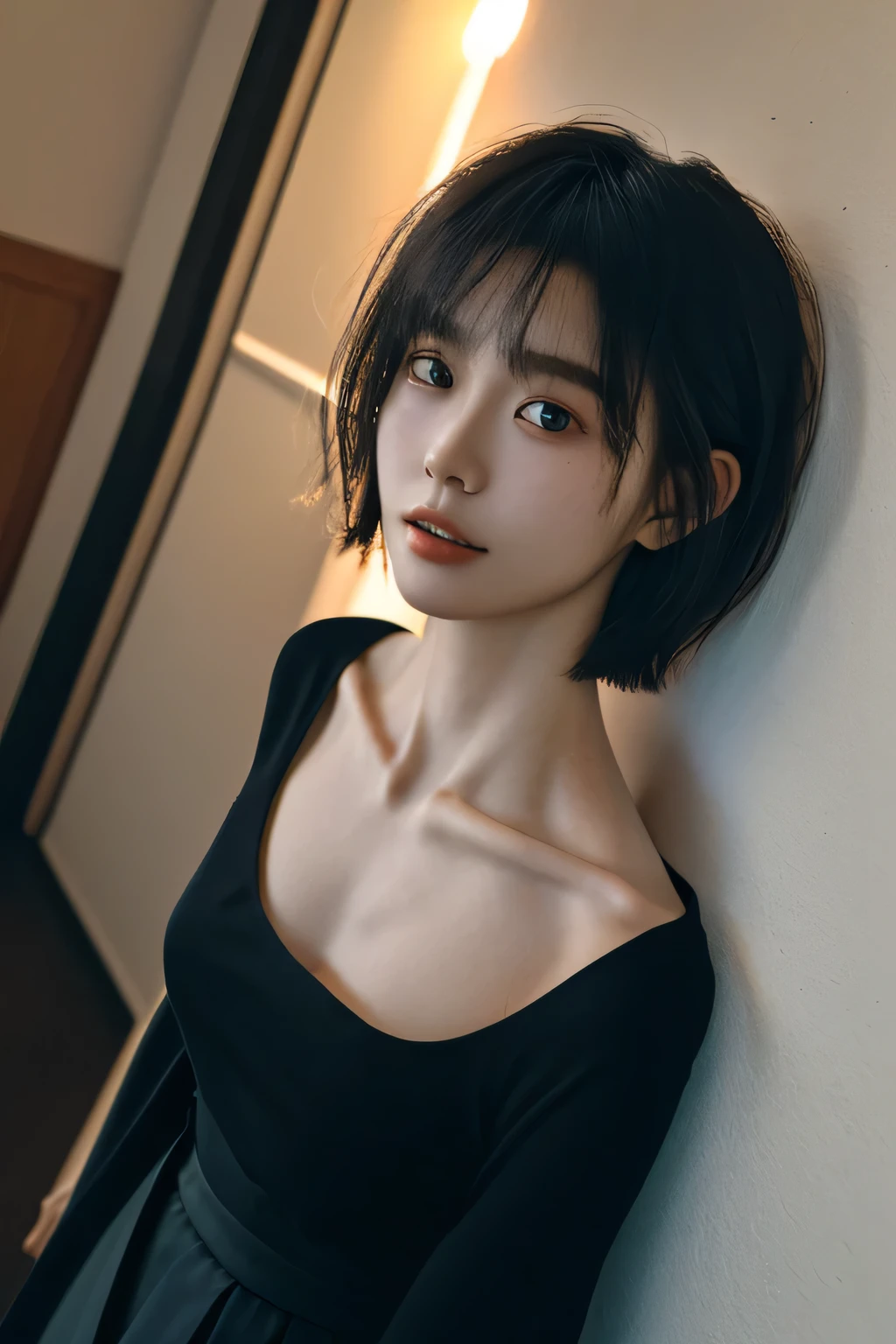 ((best quality，masterpiece:1.3))，sharp:1.2，Perfect body beauty:1.4，((Layered Hairstyle))、(Black long skirt:1.1)，(darkroom:1.2)，Highly detailed face and skin texture，Exquisite eyes，(clavicle:1.3)，Double eyelids，((short hair))，childish，Sunset Beach，rest，close up，Shoot upward at 45 degrees，