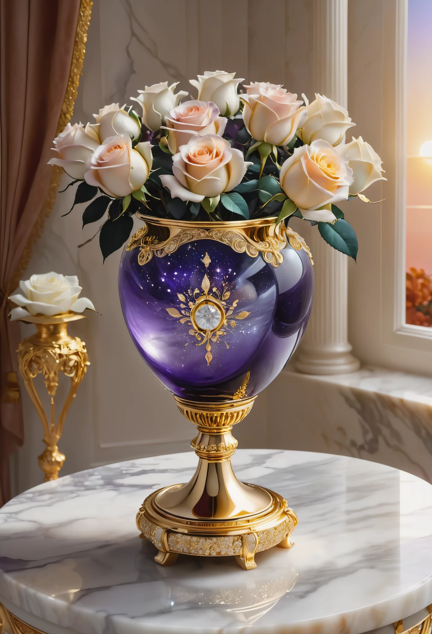 Masterpiece，highest quality，there are 12 white roses in a marble and gold vase, Beautiful ring, Sparkling gemstones, Ultra detailed，(No Man),Ring in the shape of a rose，starry sky，Wrapped around the end from beginning to end，Delicate gold ring，Starry sky in the ring, The sheen，inverted image，Sparkling gemstones，Elegant and noble,simple background, (masterpiece, best quality:1.2), sun on a pedestal. in keywest at sunset, on a beach, oranges on a white marble table, mist in background, 8k, photography style,a clear glass vase with orange bioluminescent fluid in them, on a white marble table, jewels of red rubies and emeralds on the table, deep purple velvet drapes, bioluminescent, colorfull, glow, fluid, glowing, Appetizing, professional, culinary, high-resolution, commercial, highly detailed,neon hue, full of color, there are 12 white roses in a marble and gold vase, sun lite background, radiant sunlight, 8k