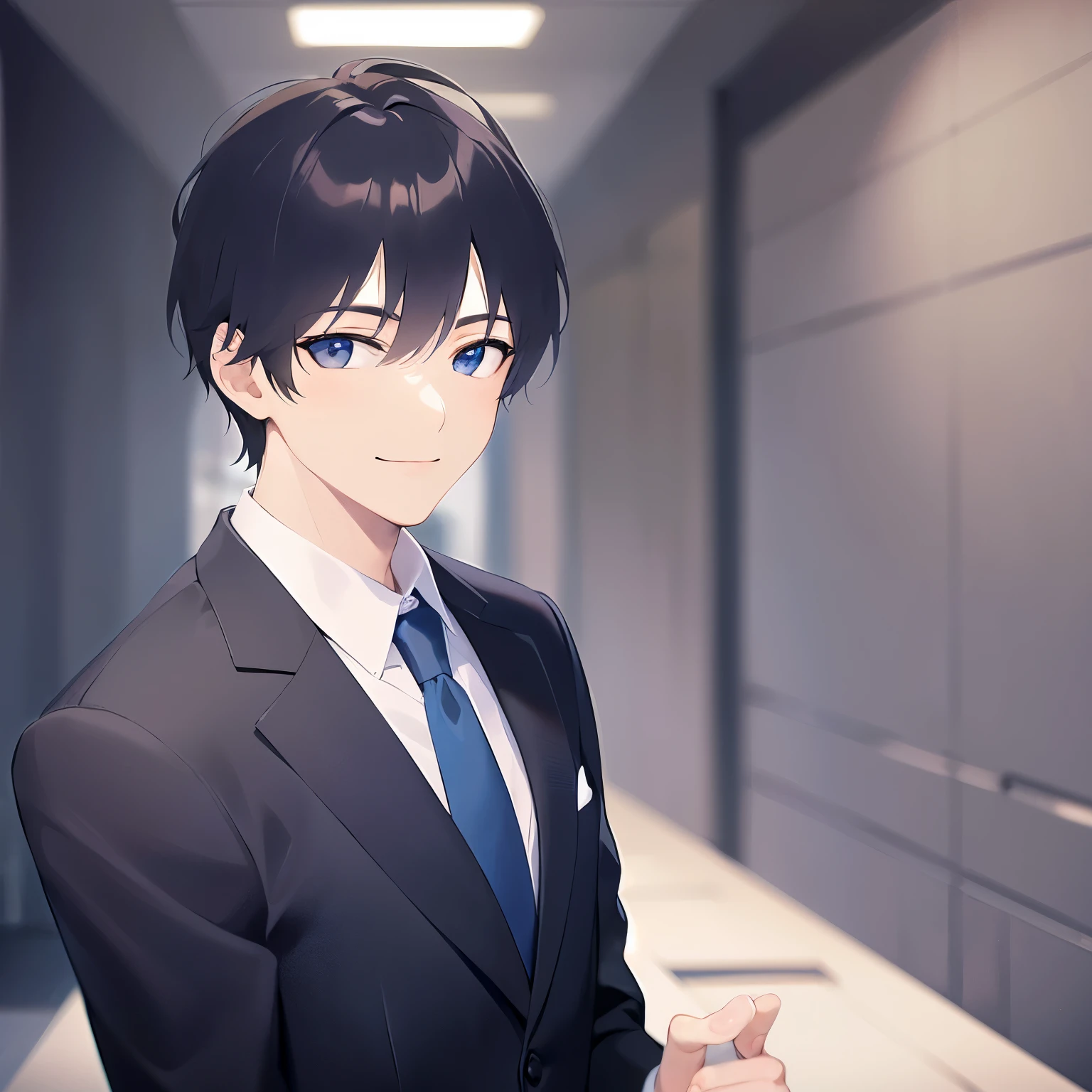 holding a coffee, Upper body, masterpiece、highest quality、Alone、(25-year-old male:1.5) and (Black short hair) and (blue eyes), (business suit:1.5) and (Blue tie)、Are standing、(sad, smile:1.3), The background is the office、