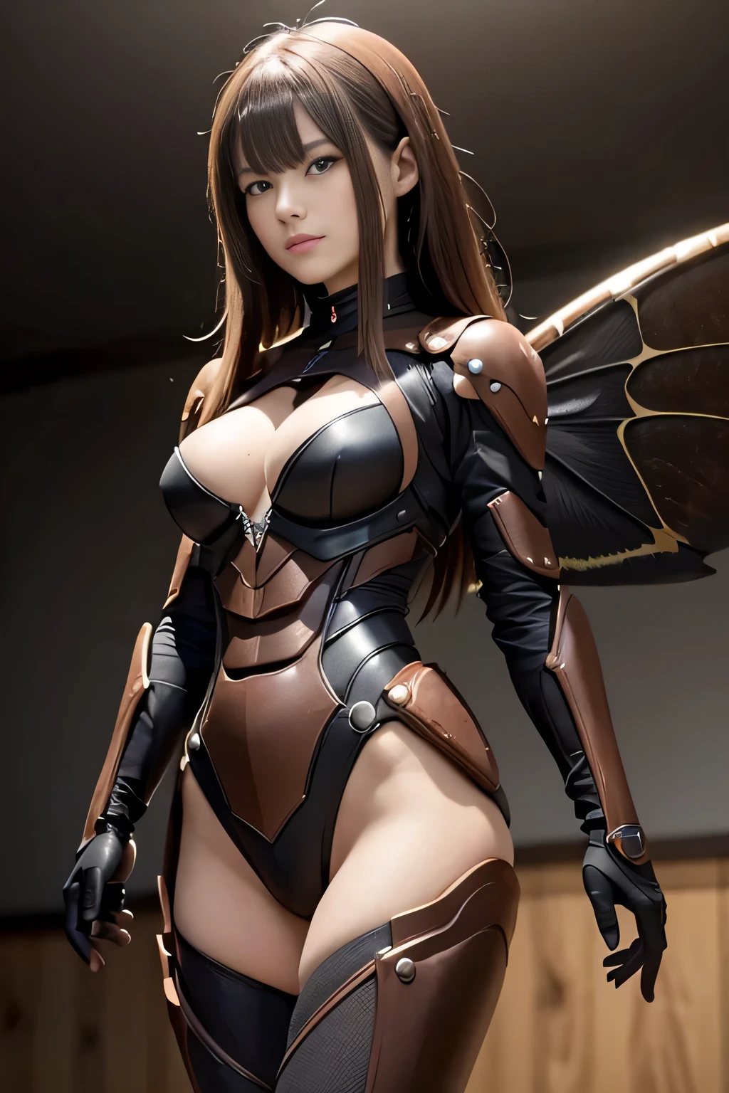 (high resolution,masterpiece,best quality,extremely detailed CG, anime, official art:1.4), realistic, photo, amazing fine details, all intricate, gloss and shiny,awesome many layers, 8k wall paper, 3d, sketch, kawaii, illustration,( solo:1.4), perfect female proportion,villainess, (fusion of dark brown cockroach and lady:1.4), (brown cockroach form lady:1.2), (brown cockroach lady:1.2), (fusion:1.2), (solo:1.4), (evil smile:1.2), muscular, abs, (cockroach brown exoskeleton bio insect suit:1.4), (cockroach brown exoskeleton bio insect armor:1.2), (brown transparency cockroach wing:1.4), (brown cockroach antennae:1.3),