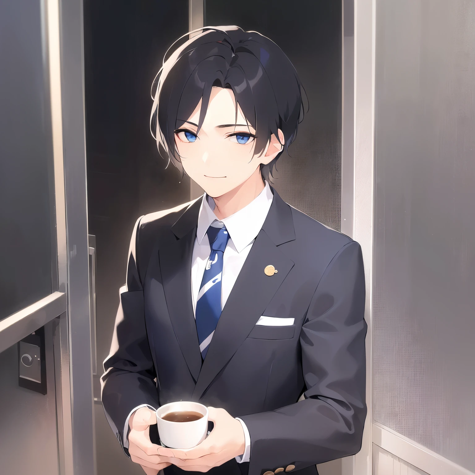 holding a coffee, Upper body, masterpiece、highest quality、Alone、(25-year-old male:1.5) and (Black short hair) and (blue eyes), (business suit:1.5) and (Blue tie)、Are standing、(sad, smile:1.3), The background is the office、