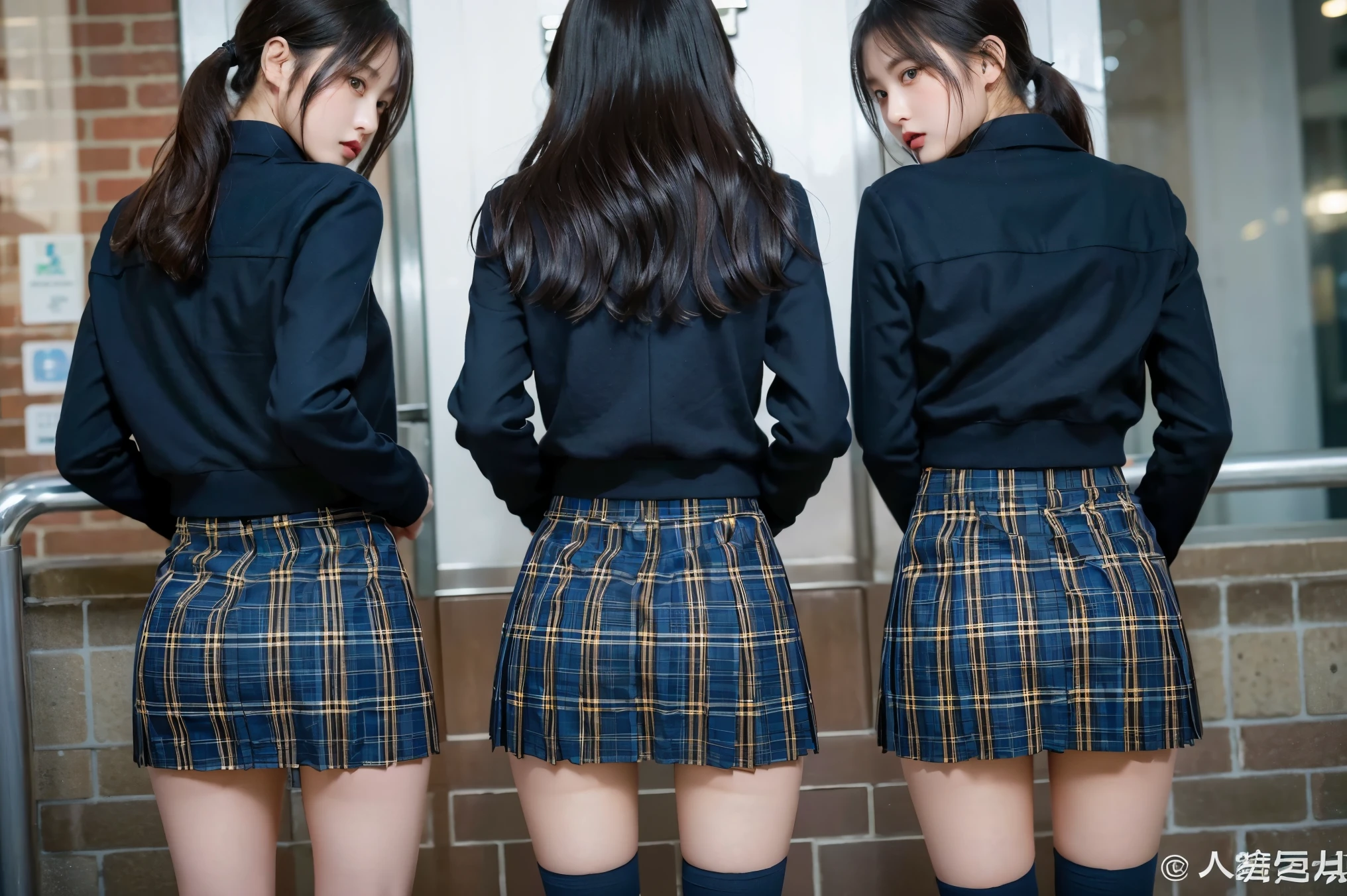8K), (highest quality: 1.2), (Realistic), (Realistic: 1.37), Ultra-high resolution, (3 girls),(Straight black hair), Giant Dulcefo,Standing in the city at night, whole body,Long legs,Beautiful feet,From the back,ponytail,,(Navy tartan check pleated mini skirt),Navy Blue Blazer,back view,(shot from behind:1.5),Mr.々Three people in socks,Medium Shot,Thighs