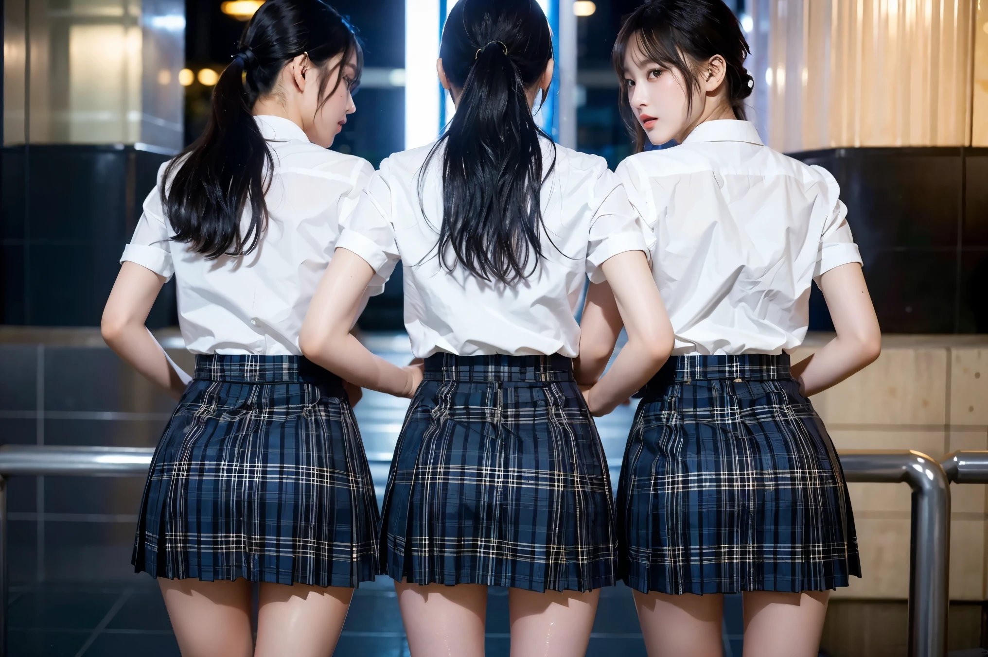 8K), (highest quality: 1.2), (Realistic), (Realistic: 1.37), Ultra-high resolution, (3 girls),(Straight black hair), Giant Dulcefo,Standing in the city at night, whole body,Long legs,Beautiful feet,From the back,ponytail,,(Navy tartan check pleated mini skirt),Navy Blue Blazer,back view,(shot from behind:1.5),Mr.々Three people in socks,Medium Shot,Close up on wet and shiny thighs