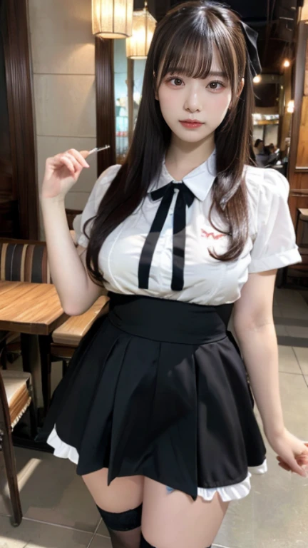 muste piece, best quality, illustration, Super detailed, fine details, High resolution, 8K,wall paper, perfect dynamic composition,(Details High quality, realistic depiction of eyes:1.3), waitress uniform, restaurant, large breasts、black hair color, Big Natural Color Lip, bold sexy pose, crying a little、cold gaze, Harajuku style、20 year old girl、cute type、lolita、beautiful legs, gravure idol, Voluptuous thighs