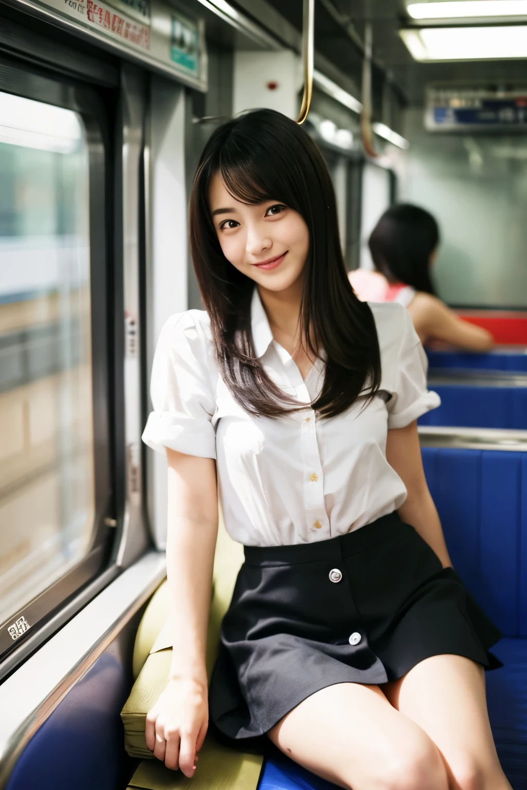 Highest quality, masterpiece, Ultra-high resolution, (reality: 1.4), Original photo, One Girl, mature, Torn white JK uniform, Smile, Long Hair, Very large breasts bigger than a face , Plump body, Button gap:1.35, sit in a train seat, Leg spread:1.5, Cinema Lighting, Horizontal sheet, View from the train window