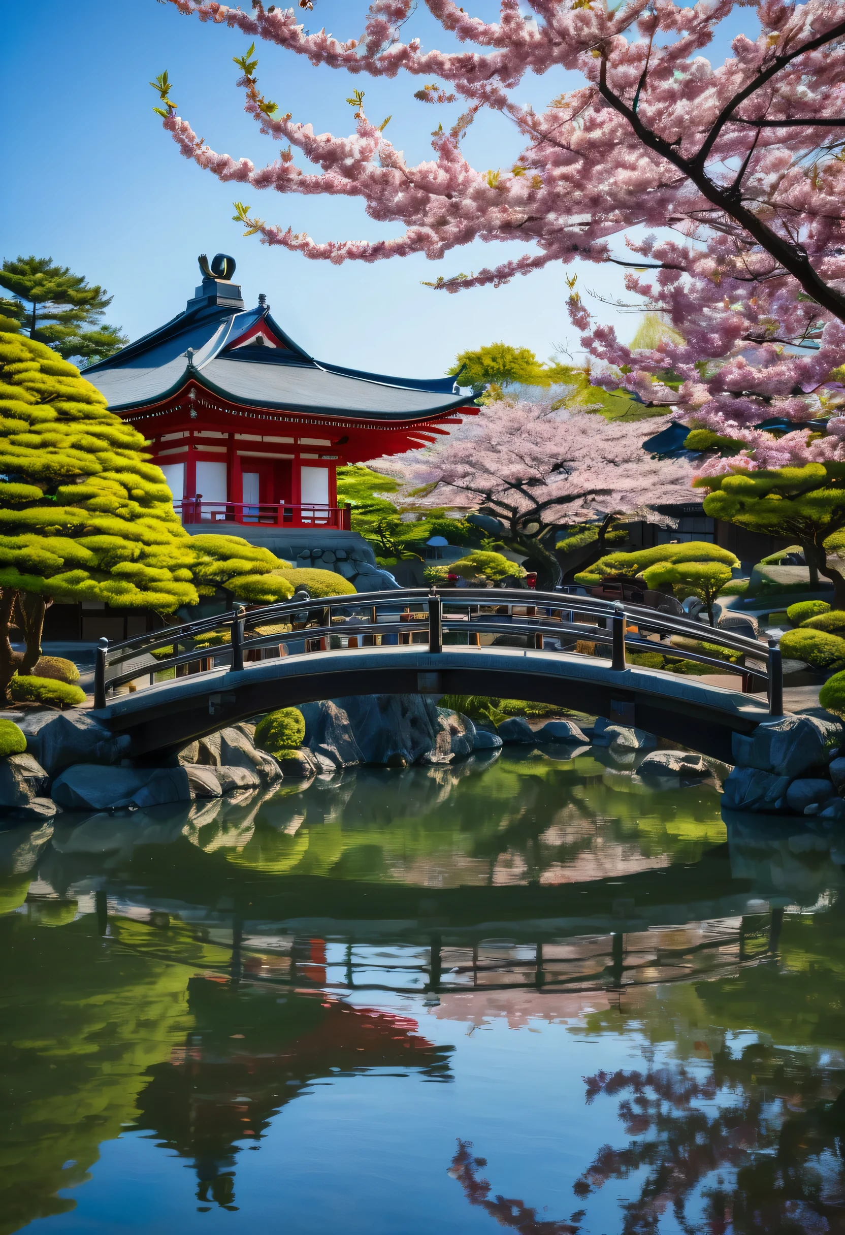"Imagine a Japanese garden on a spring day, with cherry blossoms in full bloom, a tranquil lake reflecting the blue sky, and a stone bridge leading to a pavilion adorned with paper lanterns, captured with the following QUALIFIERS: (((Best quality))), (((Best focus))), (((Best angle))), (((Best lighting))), (((Intricate details))), (((Harmonious scenery))), (((Best composition))), (((Richness of details)))."